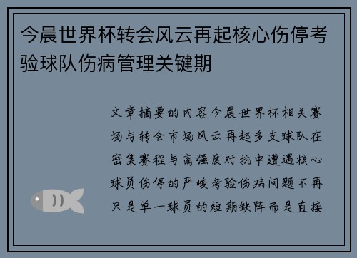 今晨世界杯转会风云再起核心伤停考验球队伤病管理关键期 今晨世界杯转会风云再起核心伤停考验球队伤病管理关键期